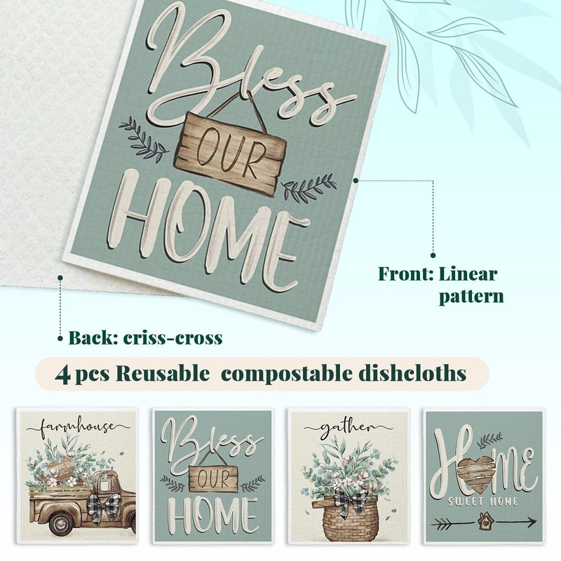 LARTSFRO Bless This Home Swedish Dishcloths for Kitchen, Christian Swedish Dish Cloths for Farmhouse, Papaya Reusable Paper Towels, 4 Pack Dish Towels for Kitchen, Reusable Paper Towels Washable - Image 3